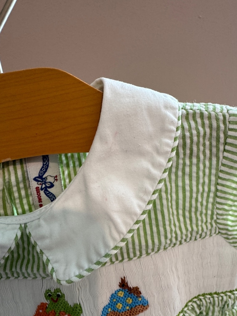 Silly Goose Green Striped Smocked Baby Romper with Peter Pan Collar - Picture 5 of 7